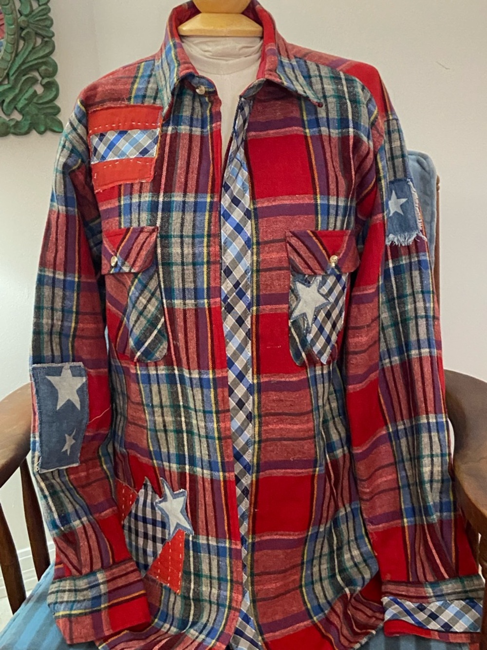 Red Plaid Patchwork Jean-Style Jacket with Star Appliqués
